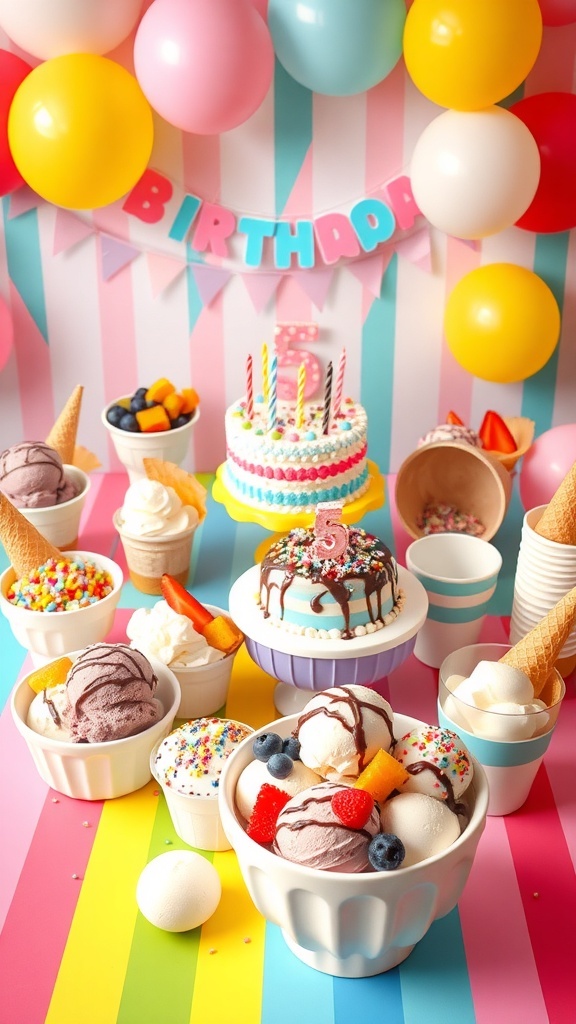 A festive ice cream birthday party table with bowls of ice cream, toppings, cones, and a birthday cake.